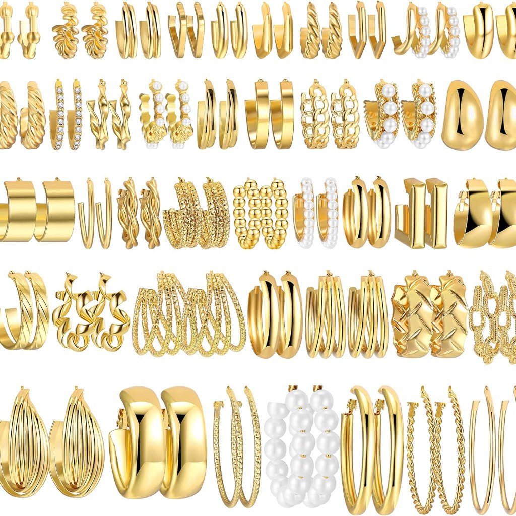 42 Pairs Gold Hoop Earrings Set For Women, Fashion Chunky Pearl Earrings Multipa